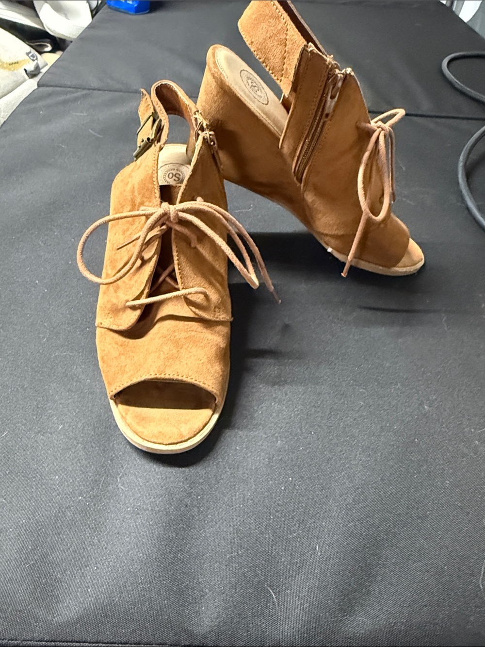 Suede Lace-Up Peep-Toe Wedge Sandals - Tan size 9. Good condition